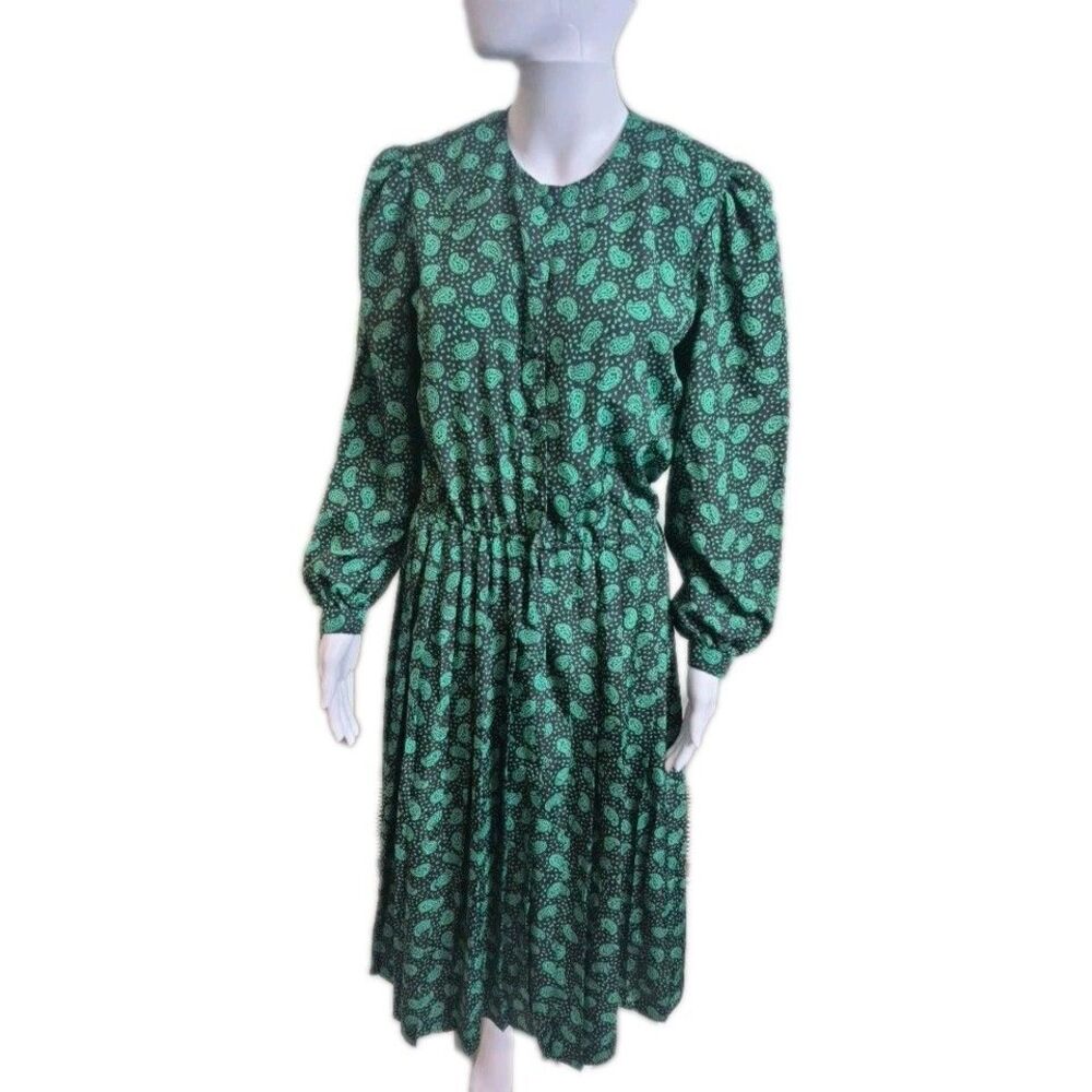 Talbots Vintage Dress Fit & Flare Midi 10 Green Black Lightweight